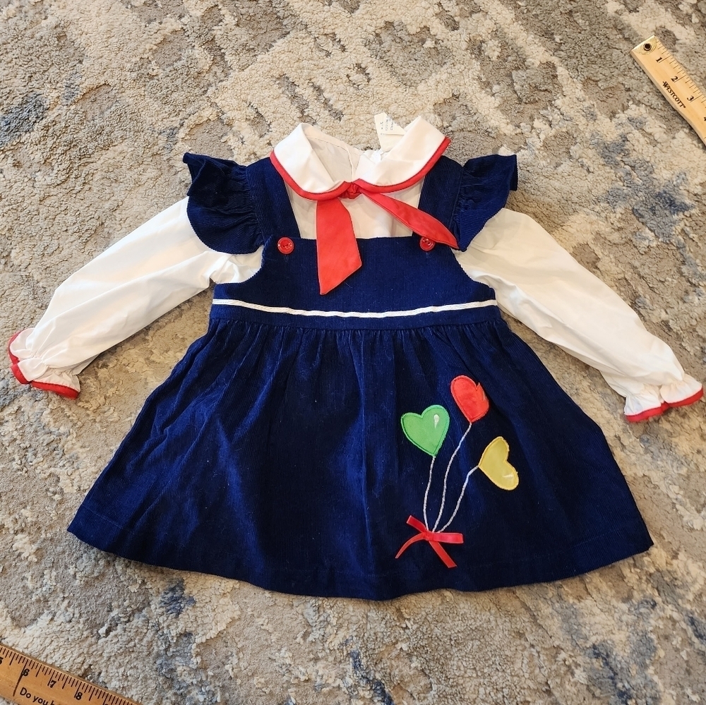 NWT Cradle Togs Blue Corduroy Dress Heart‎ Balloon Embroidery Size 2T Vintage